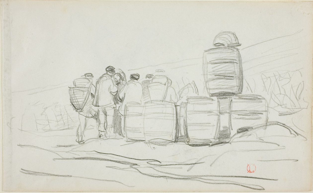 Studie einer Gruppe von Menschen mit Fässern (recto); Zwei Studien einer Frau beim Ährenlesen (verso) von Charles Francois Daubigny