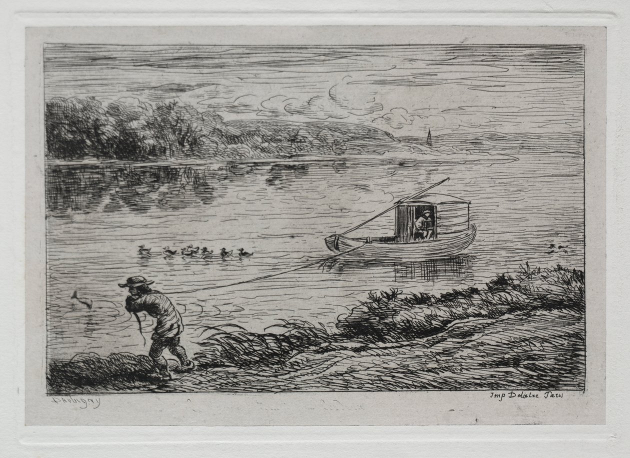 Die Bootsfahrt: Schiffsjunge zieht das Schleppseil oder Schleppen mit Seil von Charles Francois Daubigny