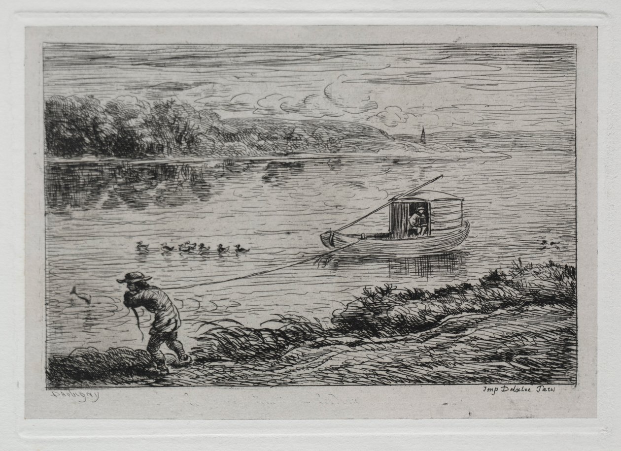 Die Bootsfahrt: Schiffsjunge zieht das Schleppseil oder zieht am Seil, 1861 von Charles Francois Daubigny
