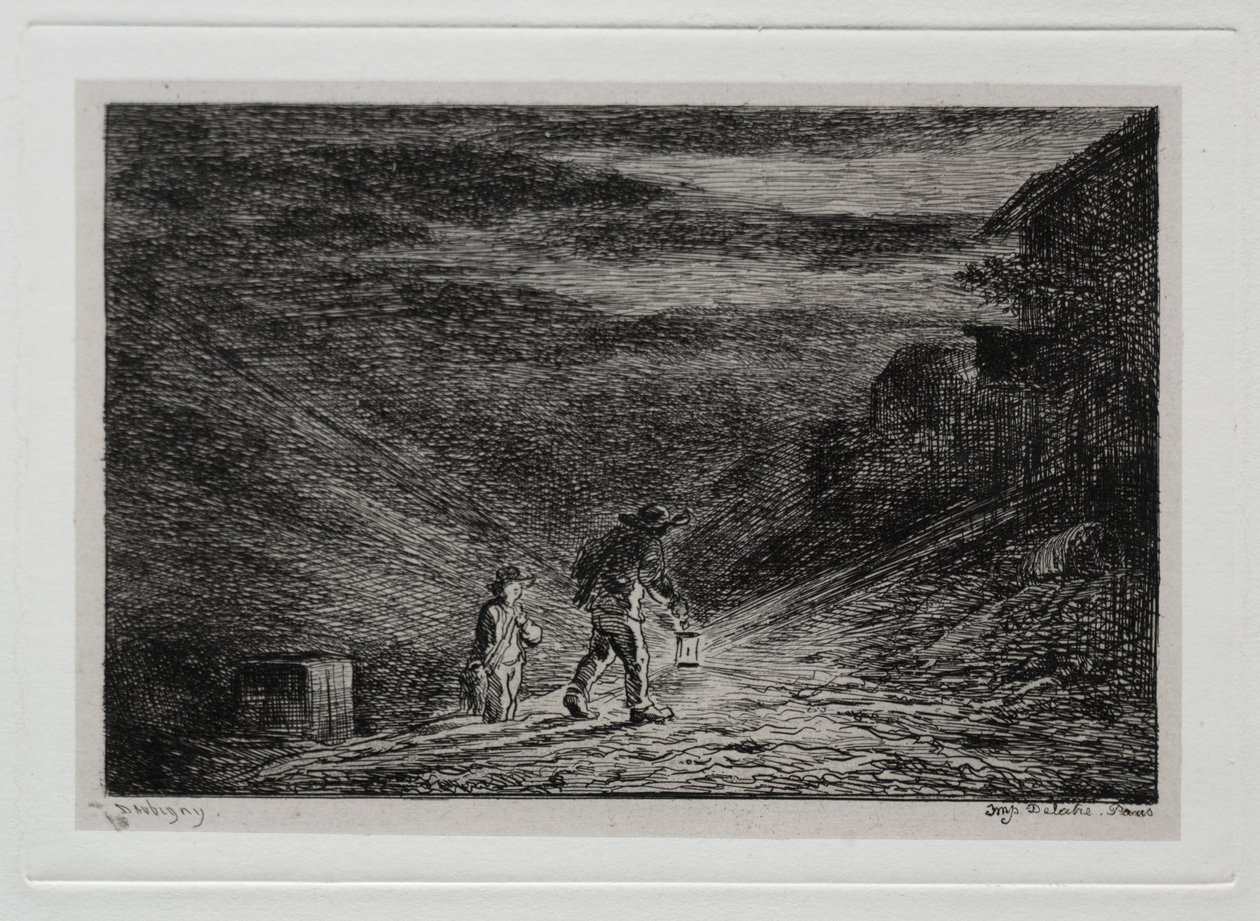 Die Bootsfahrt: Die Suche nach einem Gasthaus, 1861 von Charles Francois Daubigny