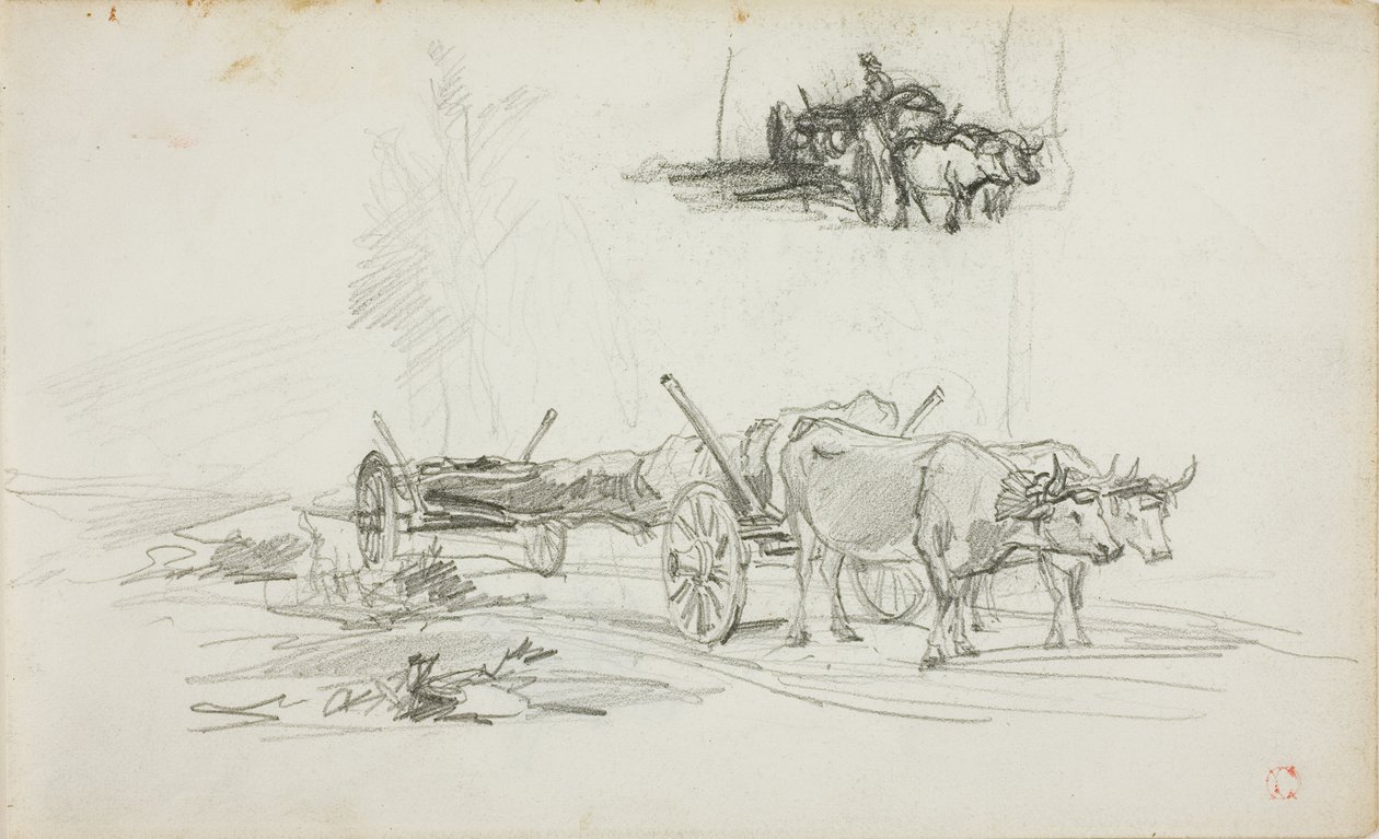 Zwei Skizzen von Ochsen, die einen Baumstamm ziehen von Charles Francois Daubigny