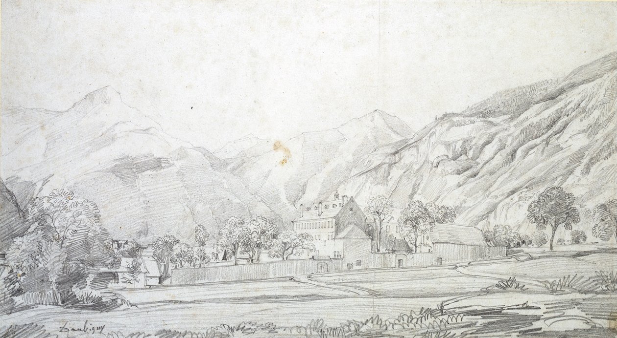 Ansicht von Gebäuden in einem ummauerten Gehege mit Bergen im Hintergrund, Mitte des 19. Jahrhunderts von Charles Francois Daubigny