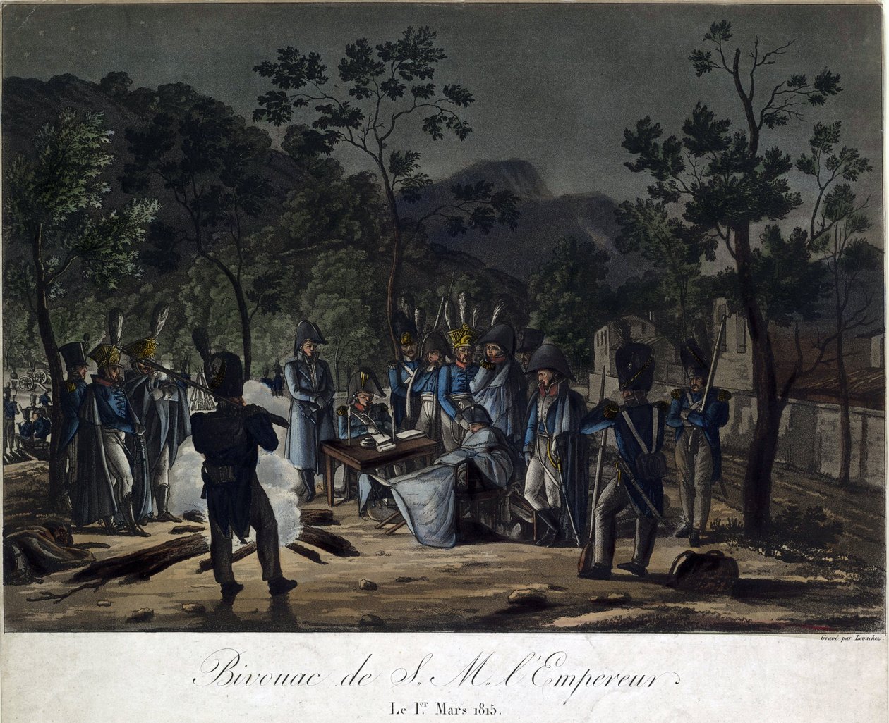 Die Rückkehr Napoleons von Elba. Napoleons Biwak in Golfe-Juan am 1. März 1815 von Charles Francois Gabriel Levachez