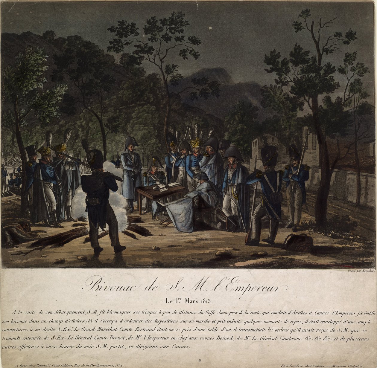 Die Rückkehr Napoleons von Elba. Napoleons Biwak in Golfe-Juan am 1. März 1815, 1815 von Charles Francois Gabriel Levachez
