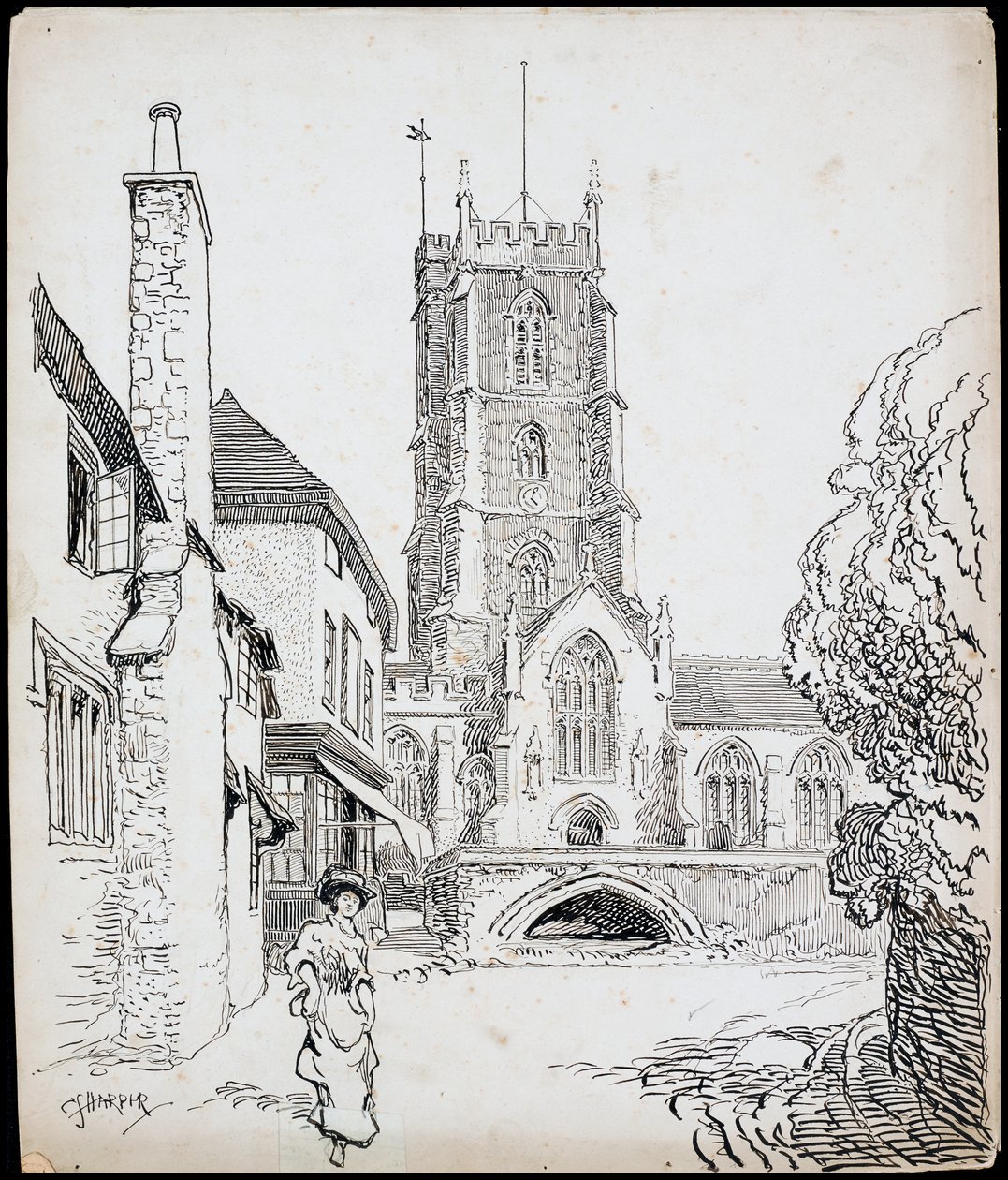 Ein Blick von Süden auf die Prioratskirche St. Georg, Dunster, Somerset von Charles George Harper