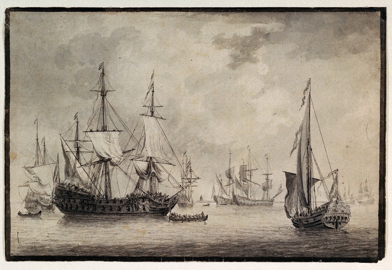 Niederländisches Kriegsschiff, Staatsyacht und ferne Schiffe in einem Hafen, spätes 18. Jahrhundert von Charles Gore