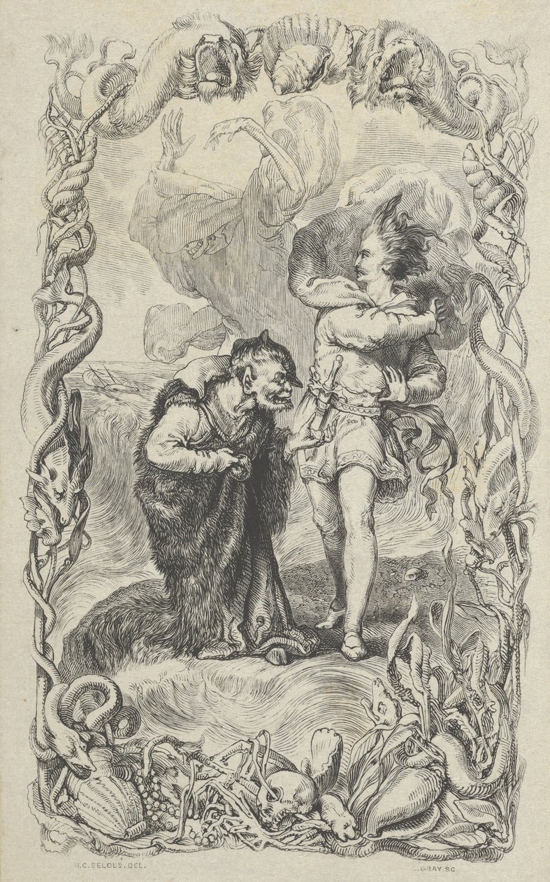 Illustration zu Der Sturm: Caliban, Ferdinand und Ariel, 1836 von Charles Gray