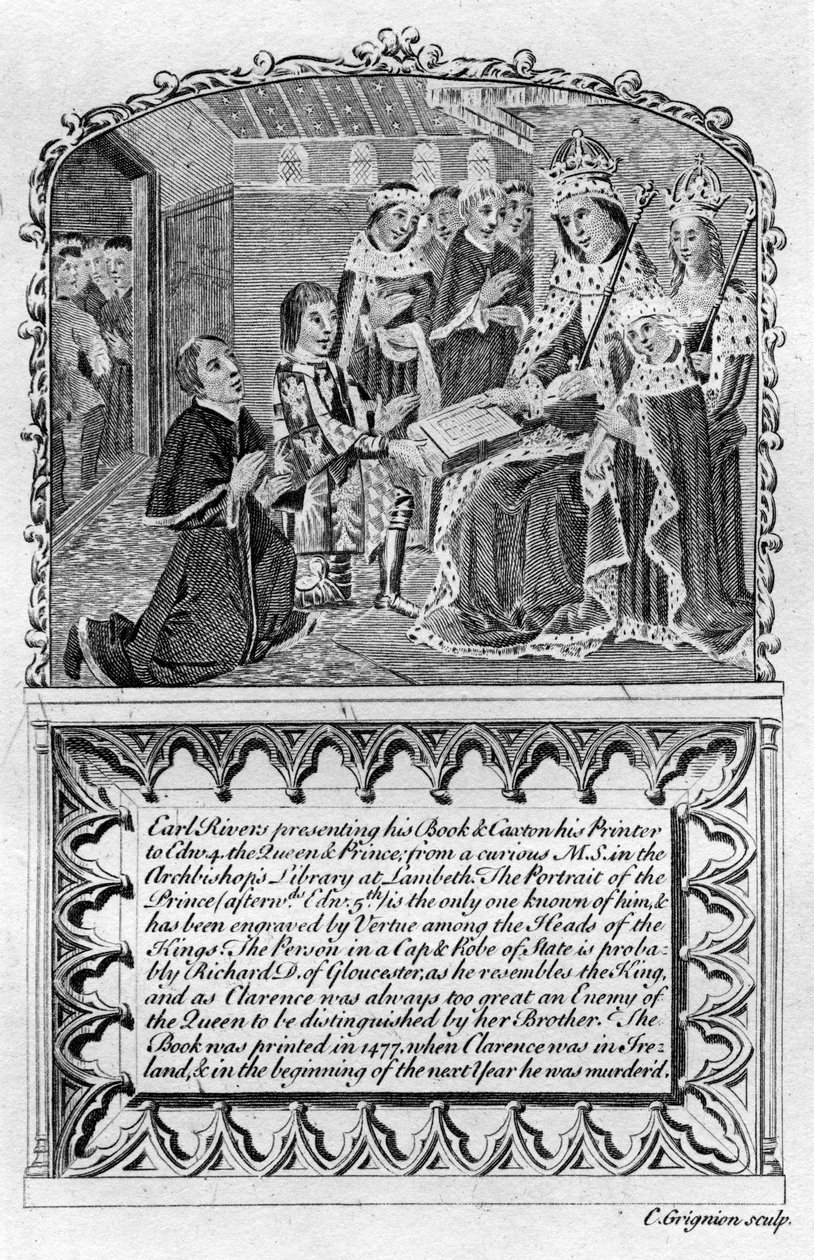 Earl Rivers überreicht sein Buch an König Edward IV, um 1477 spätes 18. oder frühes 19. Jahrhundert von Charles Grignion