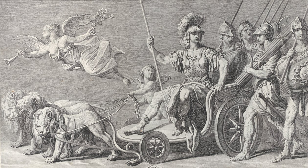 Mars auf einem von drei Löwen gezogenen Wagen, 1749 von Charles Grignion