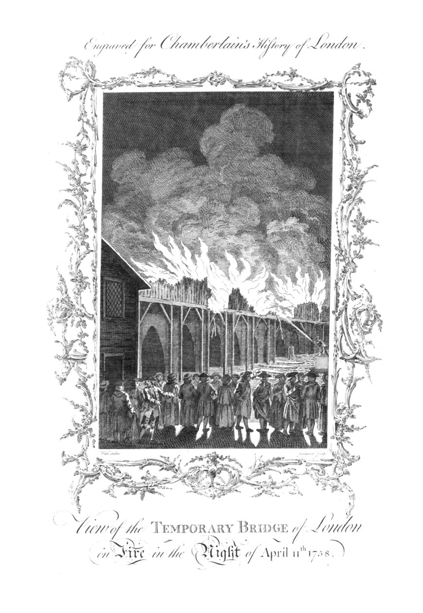 Ansicht der provisorischen Brücke von London in Flammen, 1758 von Charles Grignion