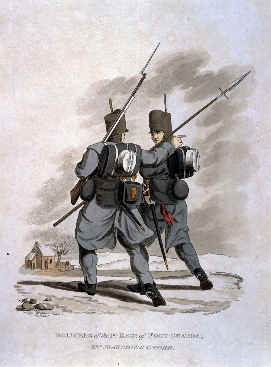 Soldaten des 1. Regiments der Fußgardisten in Marschordnung, aus 