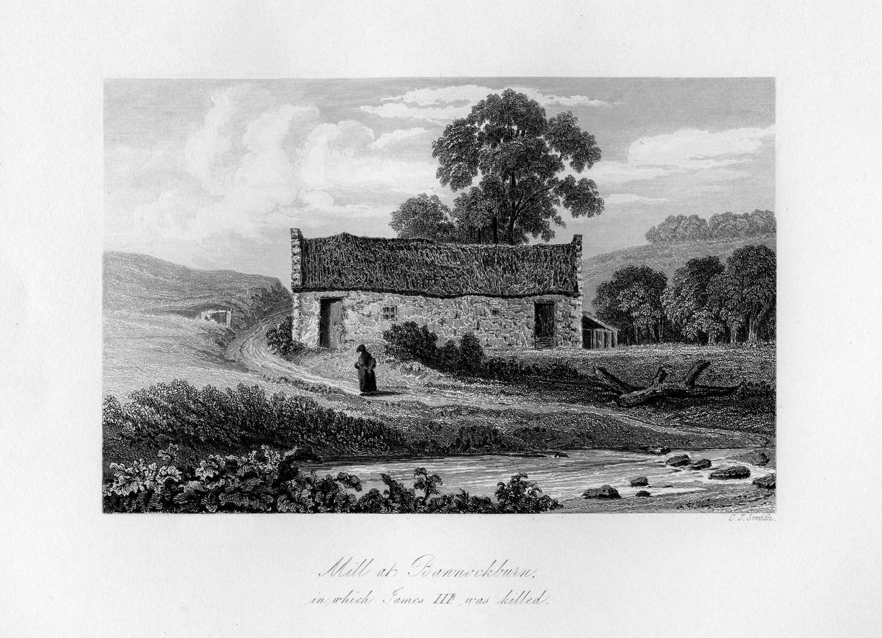 Mühle bei Bannockburn, in der James III. von Schottland 1488 getötet wurde, 1840 von Charles J. Smith