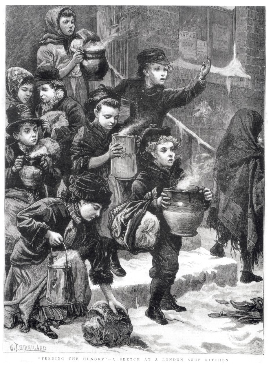 Die Hungrigen füttern, eine Suppenküche in London, 1880 von Charles J. Staniland