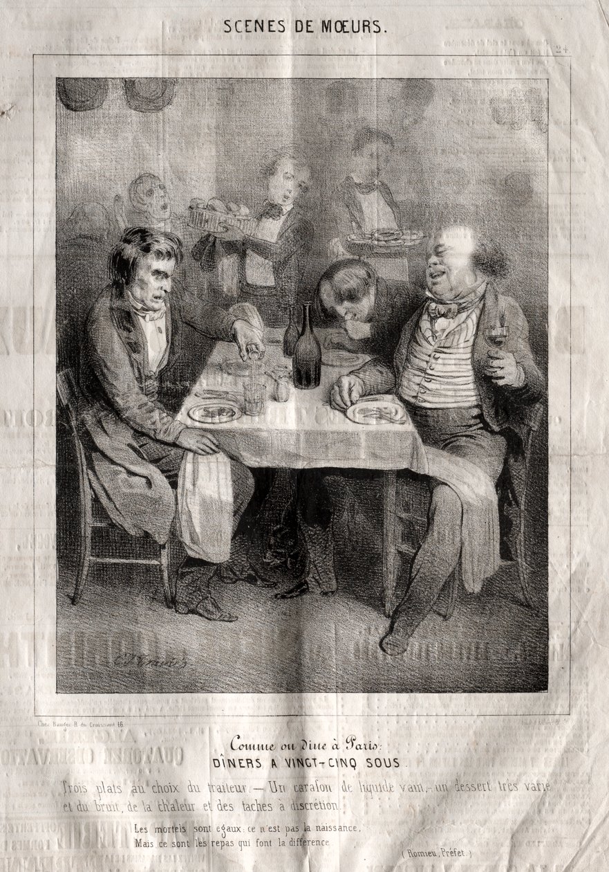 Szenen der Sitten: Wie man in Paris speist. Abendessen für fünfundzwanzig Sous. Drei Gerichte nach Wahl des Wirts... von Charles Joseph Traviès de Villers