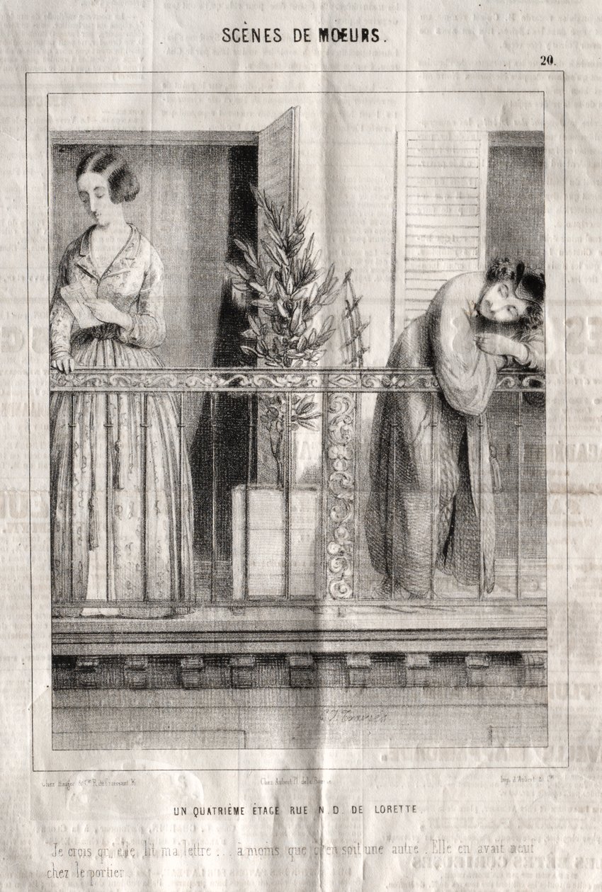 Sittenbilder: Ein viertes Stockwerk in der Rue N. D. de Lorette. Ich glaube, sie liest meinen Brief... es sei denn, es ist ein anderer. Sie hatte neun beim Pförtner. von Charles Joseph Traviès de Villers