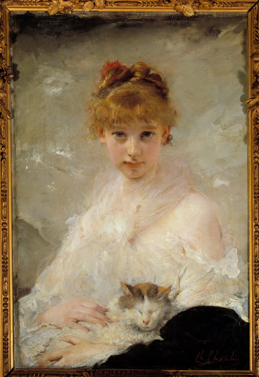 Junges Mädchen mit Katze von Charles Joshua Chaplin