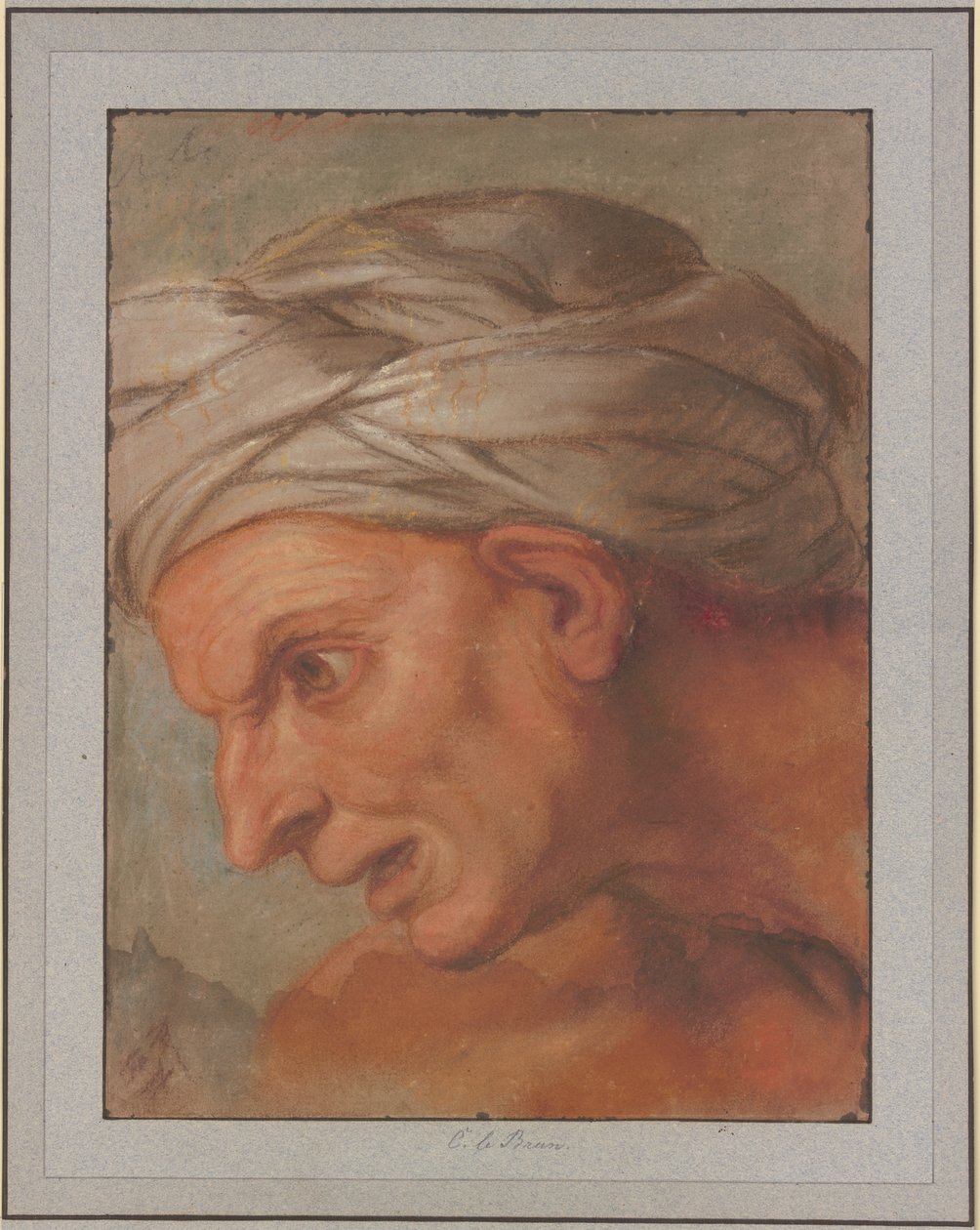 Kopf im Profil nach links aus den "Königinnen zu Füßen Alexanders des Großen" von Charles Le Brun
