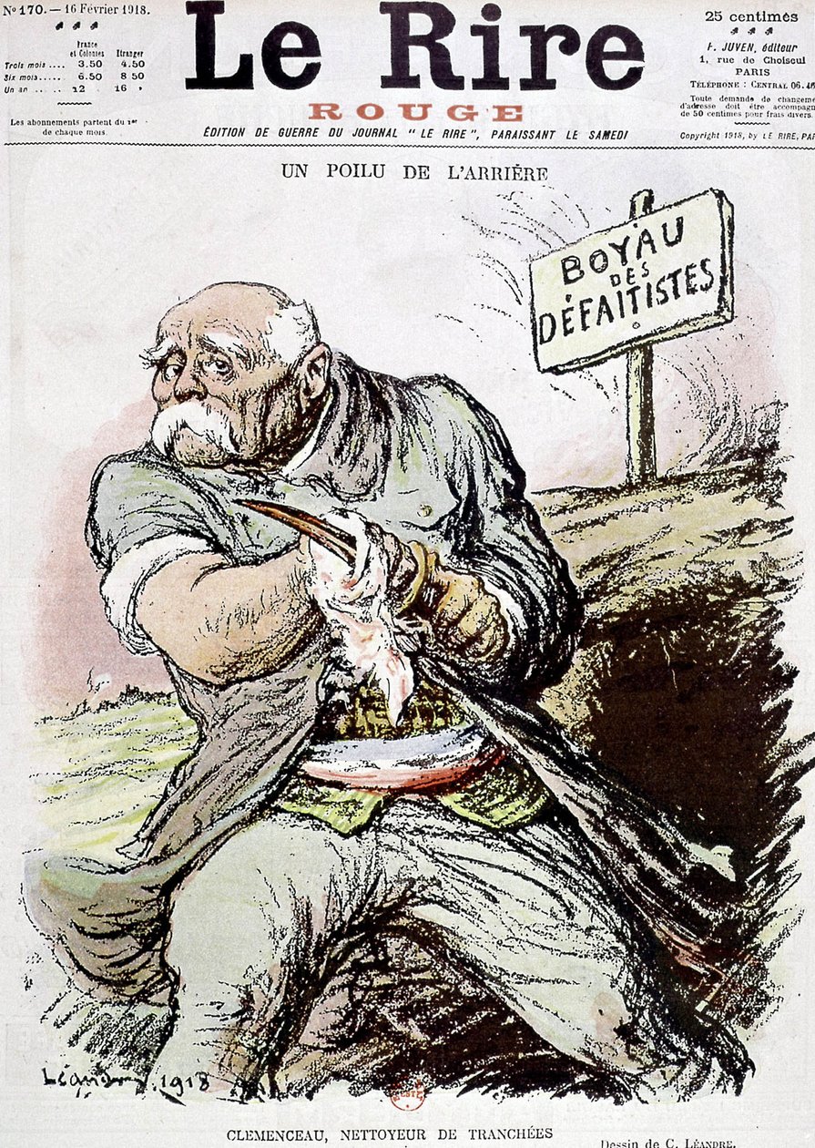Georges Clemenceau, französischer Politiker, Karikatur von Leandre, die ihn als Reiniger der Schützengräben zeigt, veröffentlicht in der Zeitung Le Rire am 16. Februar 1918 von Charles Leandre