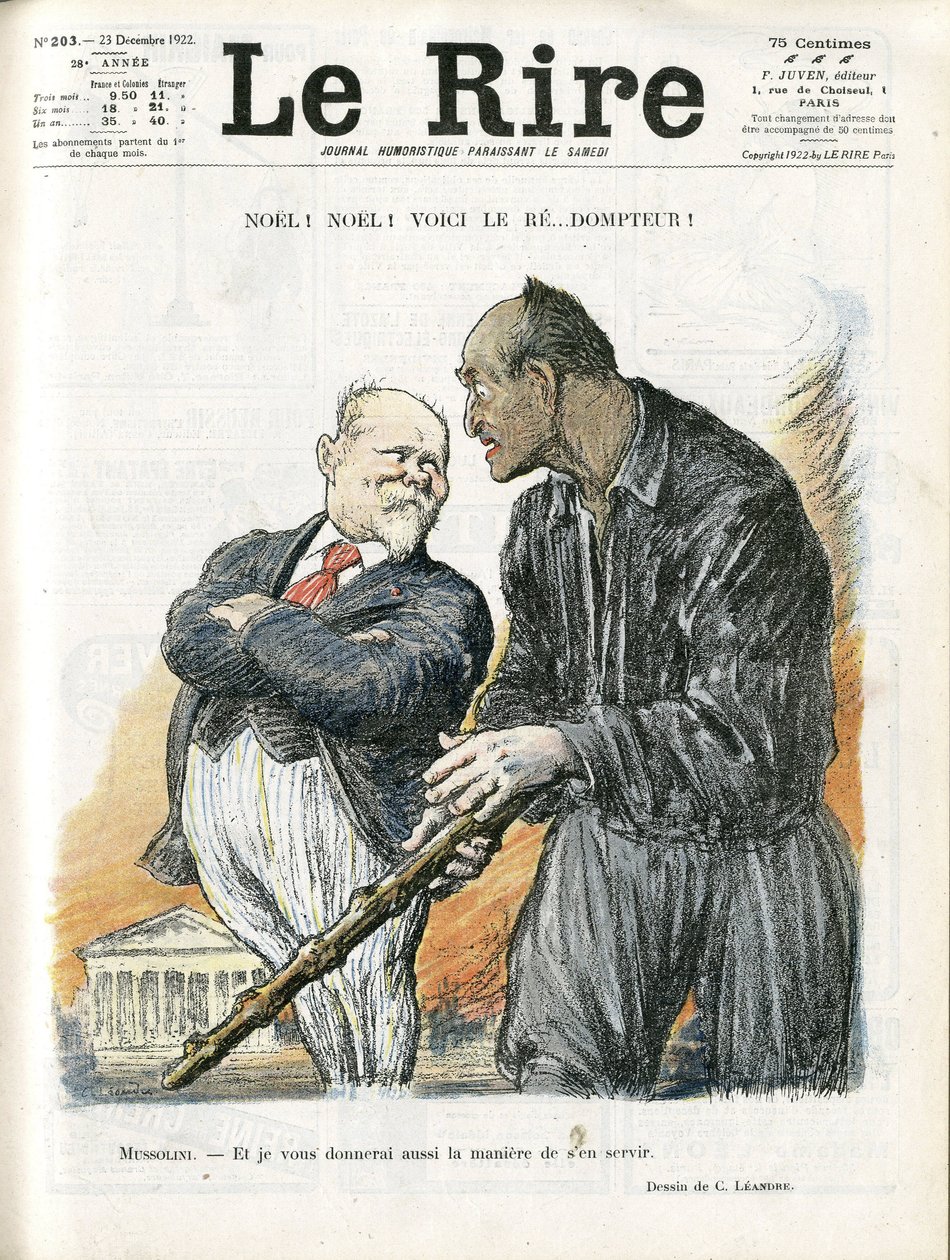 Illustration von Charles Leandre (1862-1934) für das Titelblatt von Le Rire, 23/12/22 - Noel Noel - Präsident der Republik - Poincaré Raymond, Mussolini Benito, Tamer von Charles Leandre