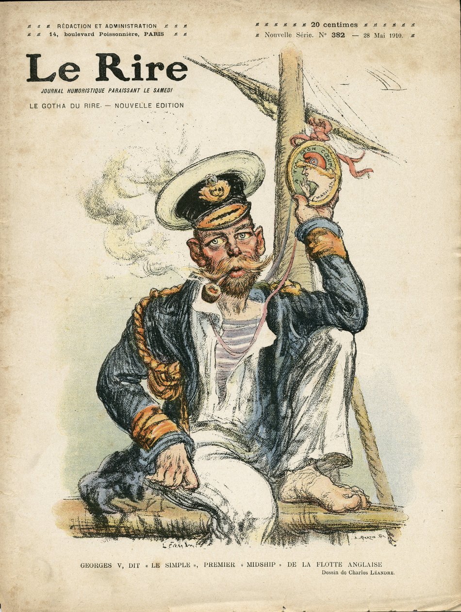 Illustration von Charles Leandre (1862-1934) für das Cover von Le Rire, 28/05/10 - England Großbritannien, Wahnsinn, Maritime Marine Küste, Rauchen, Tabak - George V (1865-1936) von Charles Leandre