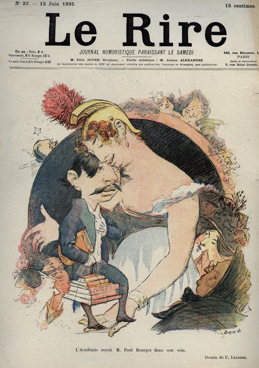 Paul Bourget, französischer Schriftsteller - Die Akademie empfängt Paul Bourget in ihrem Schoß - Karikatur von Charles Leandre in 