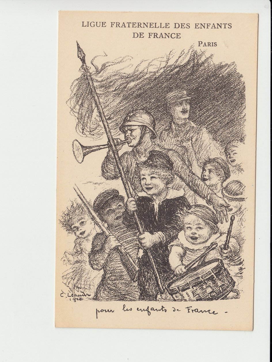 Postkarte, Satirisch in Schwarz-Weiß: Ligue fraternelle des enfants de France - Krieg von 14-18, Musik, Kindheit, Ligue fraternelle des enfants de France - Soldaten Illustration von Charles Leandre von Charles Leandre