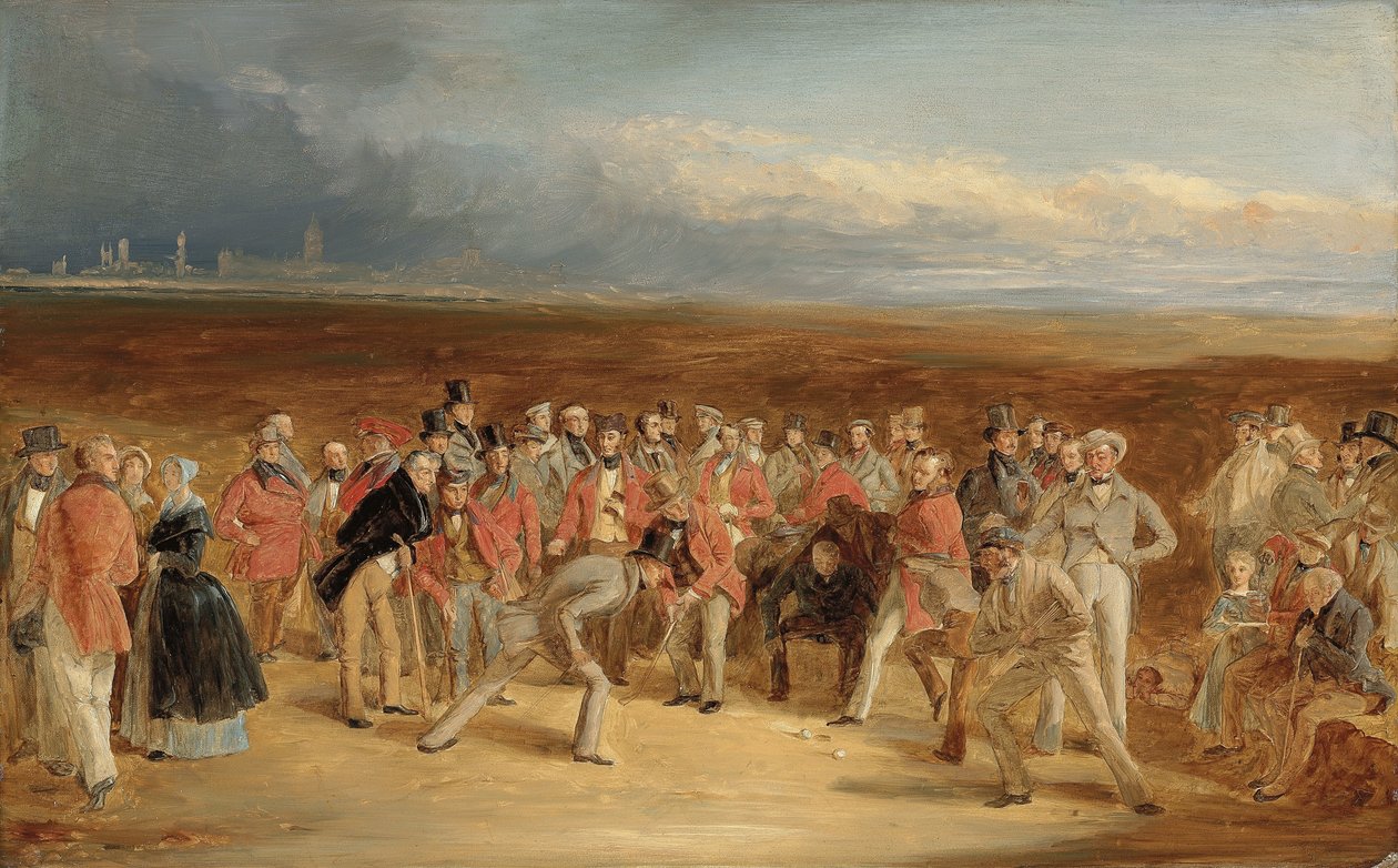 Die fertige Skizze für Die Golfer: Ein großes Match gespielt auf den St. Andrews Links von Sir David Baird, Bt. und Sir Ralph Anstruther, Bt. von Balcaskie, gegen Major Playfair und John Campbell, Esq., von Glensaddell, im Jahr 1850 von Charles Lees