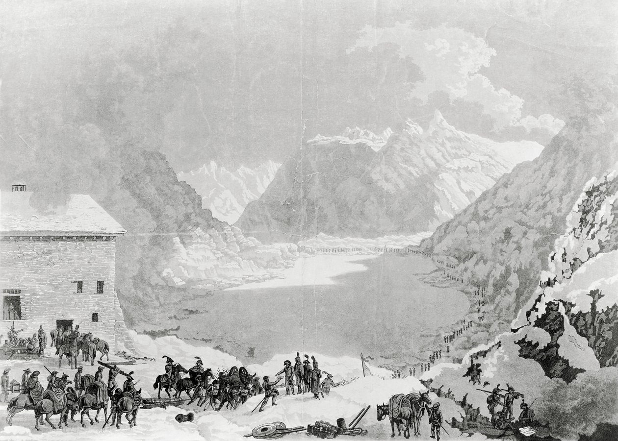 Französische Armee des Ersten Konsuls Napoleon Bonaparte (1769-1821) am Großen St. Bernhard Pass Hospiz, 20. Mai von Charles Louis Lucien Muller