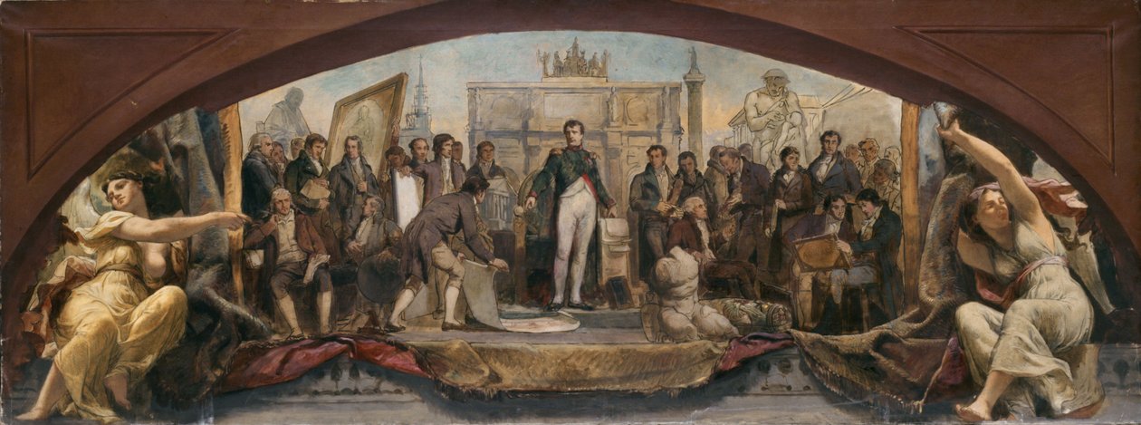 Skizze für den Denon-Pavillon im Louvre: Die vier künstlerischen Zeitalter Frankreichs - Präsentation der Pläne an Napoleon, ca. 1864 von Charles Louis Lucien Muller