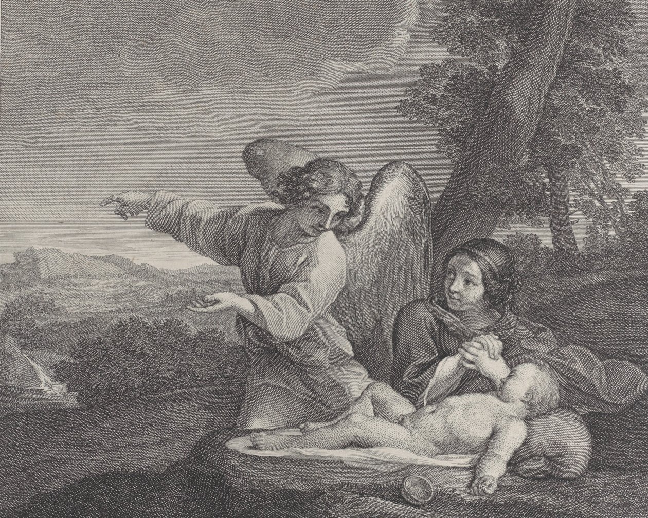 Der Engel erscheint Hagar in der Wüste, während sie ihre Hände faltet von Charles Louis Simonneau
