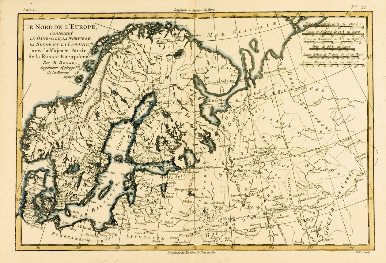 Nordeuropa, einschließlich Dänemark, Norwegen, Schweden und Lappland, mit dem größten Teil Westrusslands, aus Atlas de Toutes les Parties Connues du Globe Terrestre von Guillaume Raynal (1713-96), veröffentlicht in Genf von Charles Marie Rigobert Bonne
