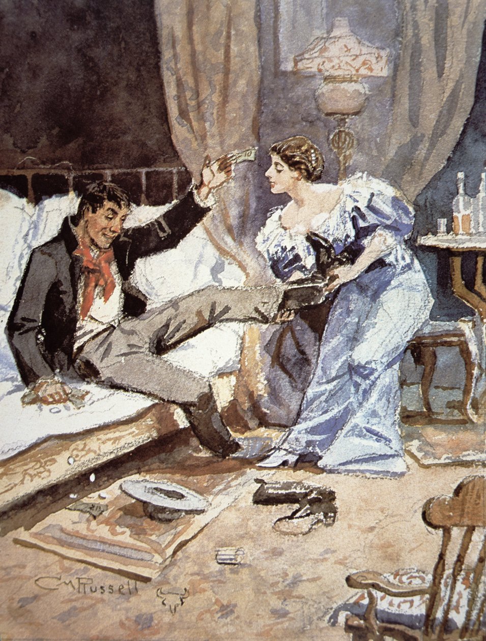 Saloonmädchen mit einem betrunkenen Cowboy, ca. 1898 von Charles Marion Russell