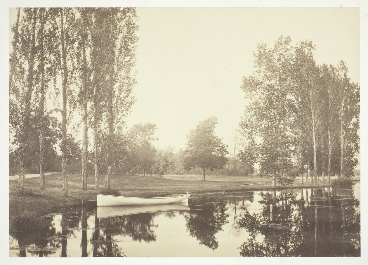 Ohne Titel, ca. 1850. [Boot auf einem See im Bois de Boulogne, einem Park in Paris] von Charles Marville