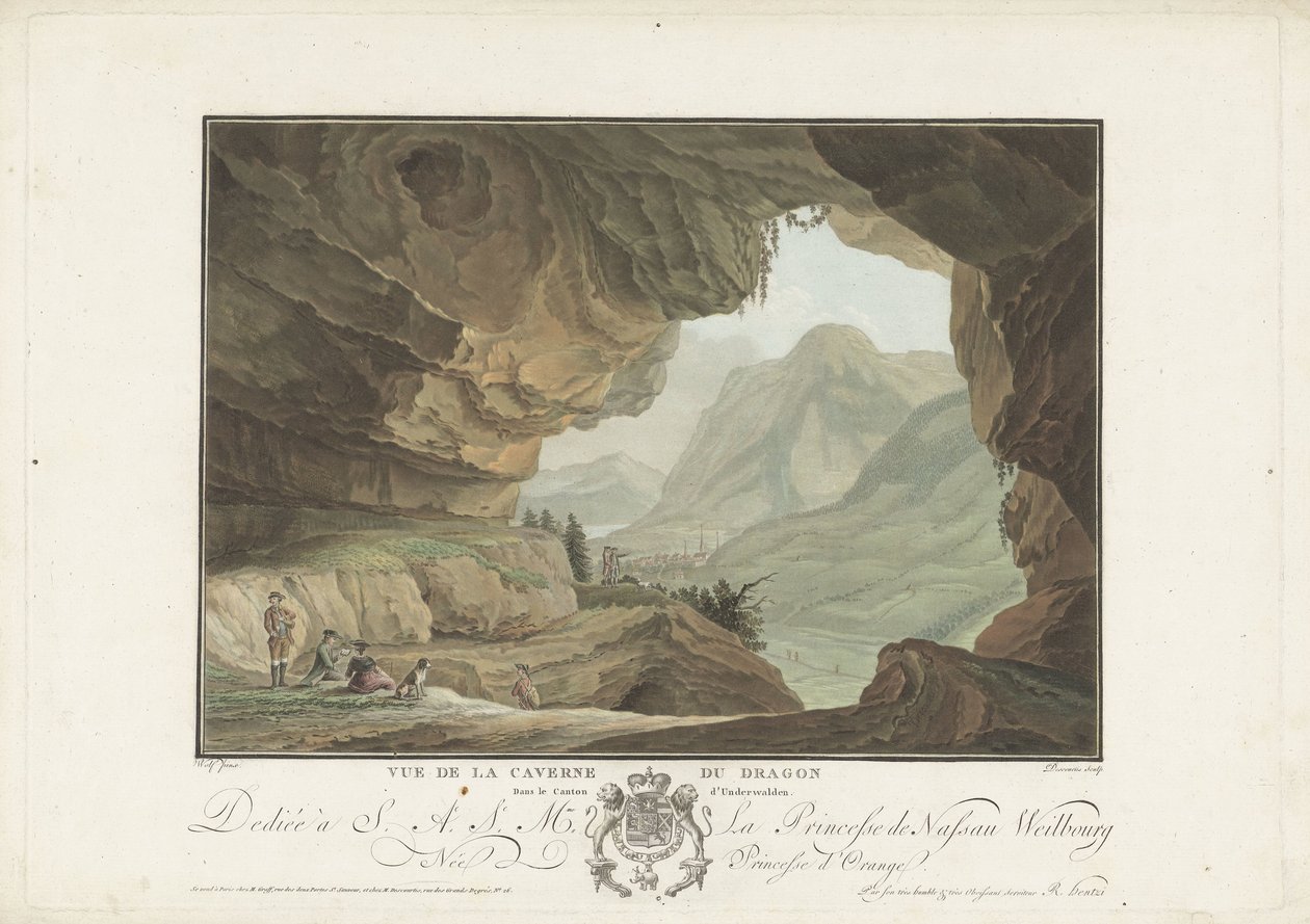 Blick auf eine Landschaft aus der Drachenhöhle von Charles Melchior Descourtis