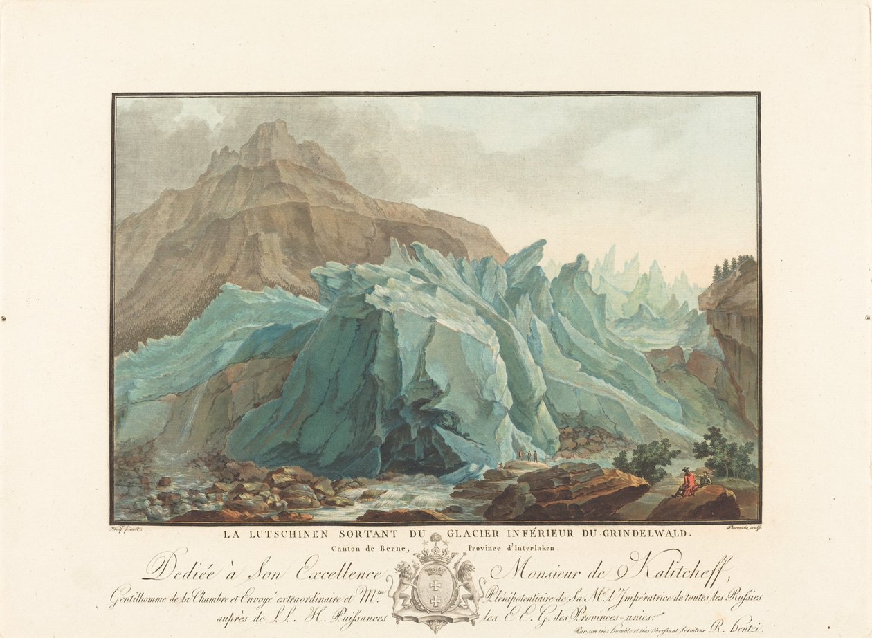 Die Lutschinen, die aus dem unteren Gletscher von Grindelwald kommt, 1785 von Charles Melchior Descourtis