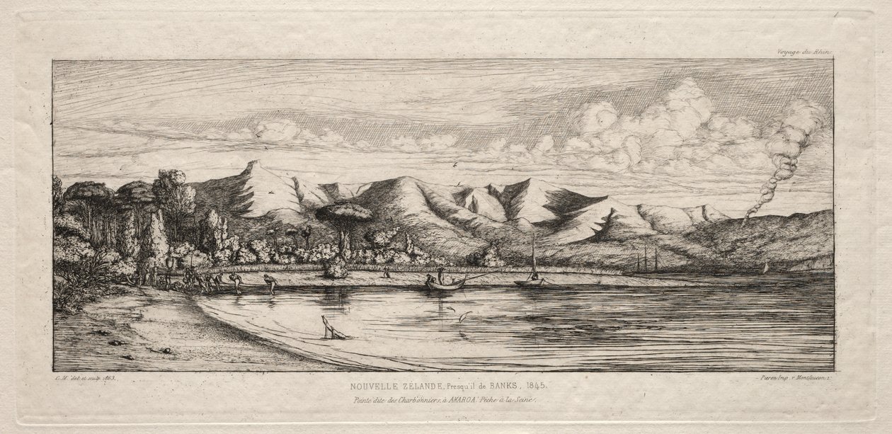 Seine-Fischen vor dem Holzkohlenbrenner-Punkt, Akaroa, Banks-Halbinsel, 1845 von Charles Meryon