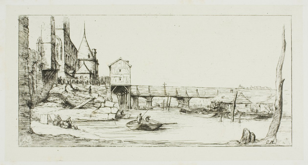 Die Fußgängerbrücke, die vorübergehend die Pont-au-Change ersetzt, Paris, nach dem Brand von 1621 von Charles Meryon