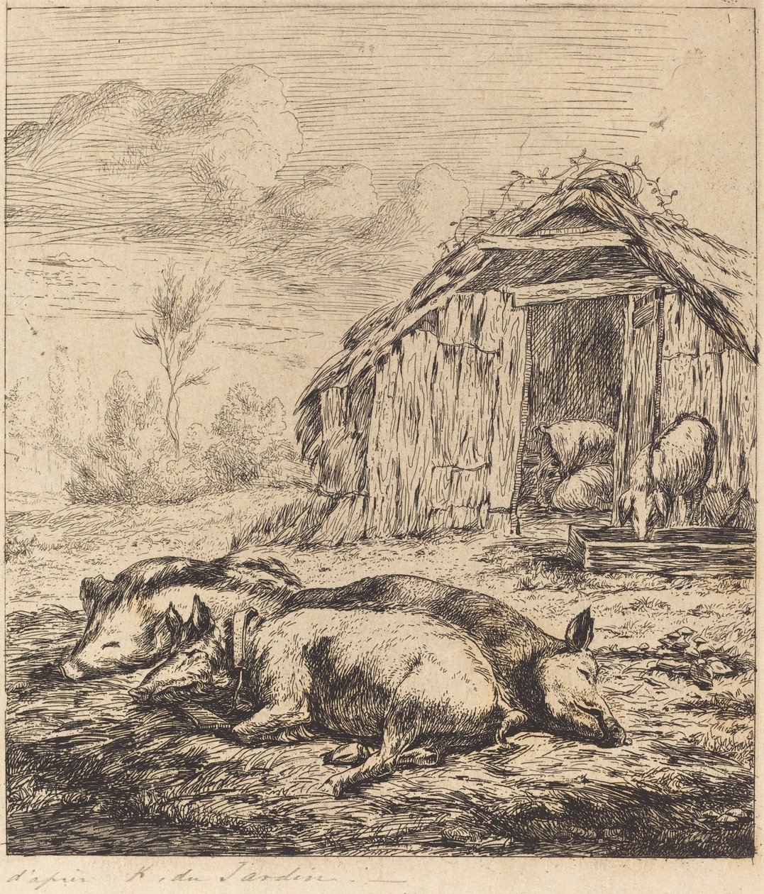 Die drei Schweine liegen vor dem Stall von Charles Meryon after Karel Dujardin