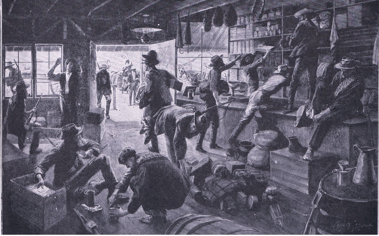 Buren plündern ein Geschäft im Grange River Anwesen, Illustration aus After Pretoria: The Guerilla War, 1902 von Charles Mills Sheldon