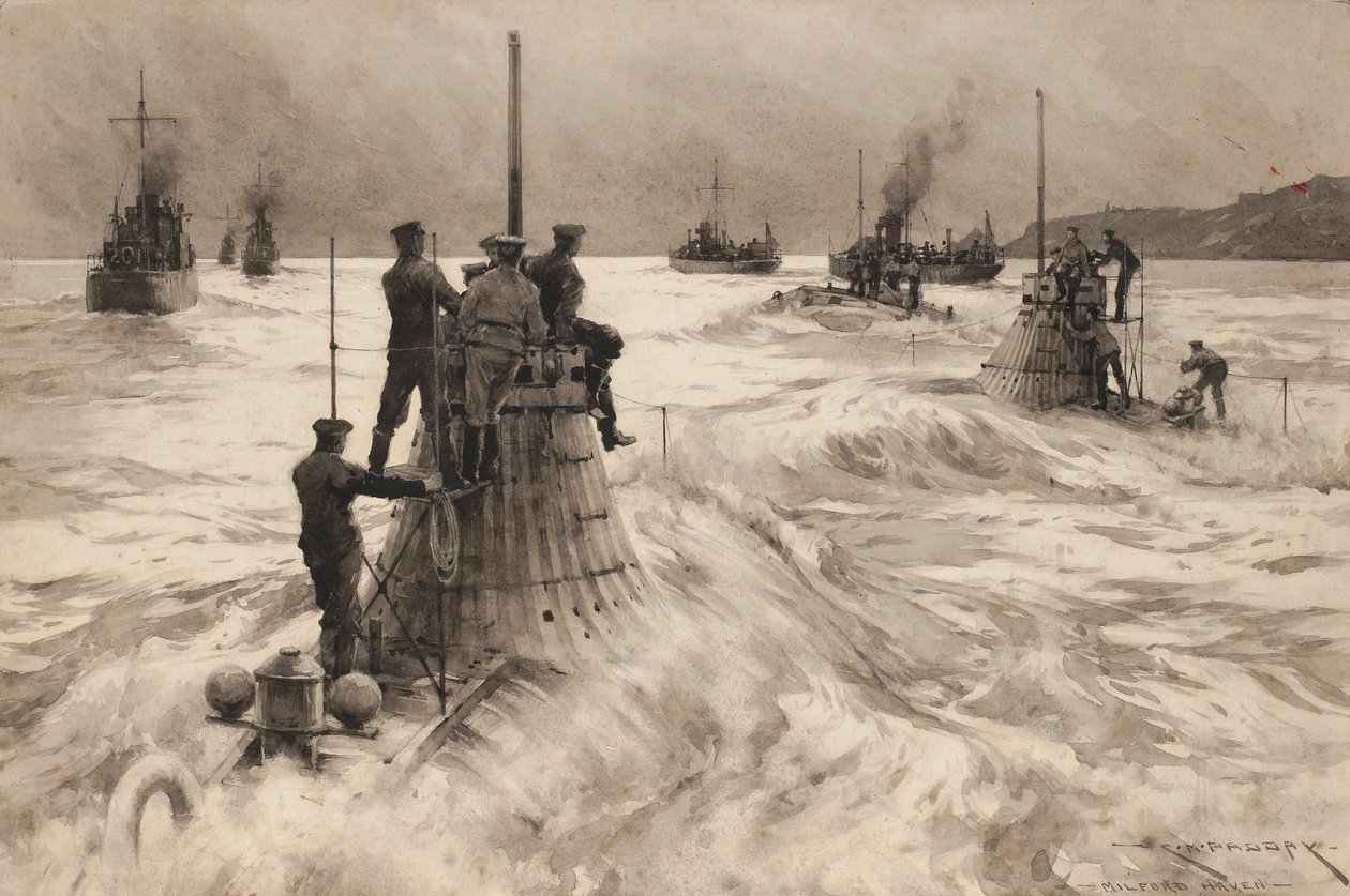 Neue britische U-Boote verlassen Milford Haven (England), um in Aktion zu treten. Zeichnung und Waschung von Charles M. Padday, frühes 20. Jahrhundert von Charles Murray Padday