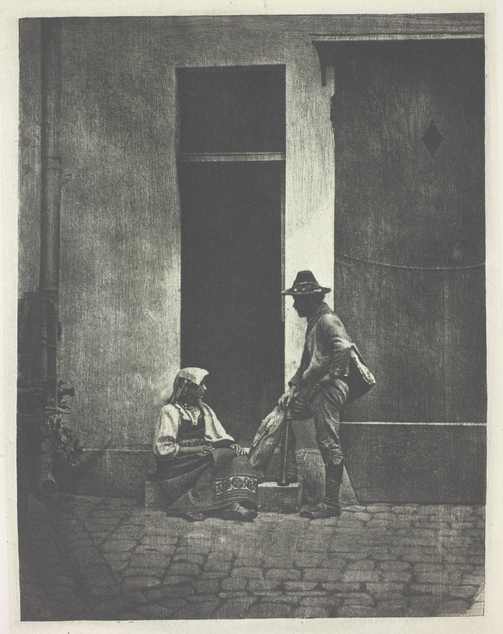 Pifferaro stehend und italienische Bäuerin sitzend, im Hof des 21 Quai Bourbon von Charles Nègre