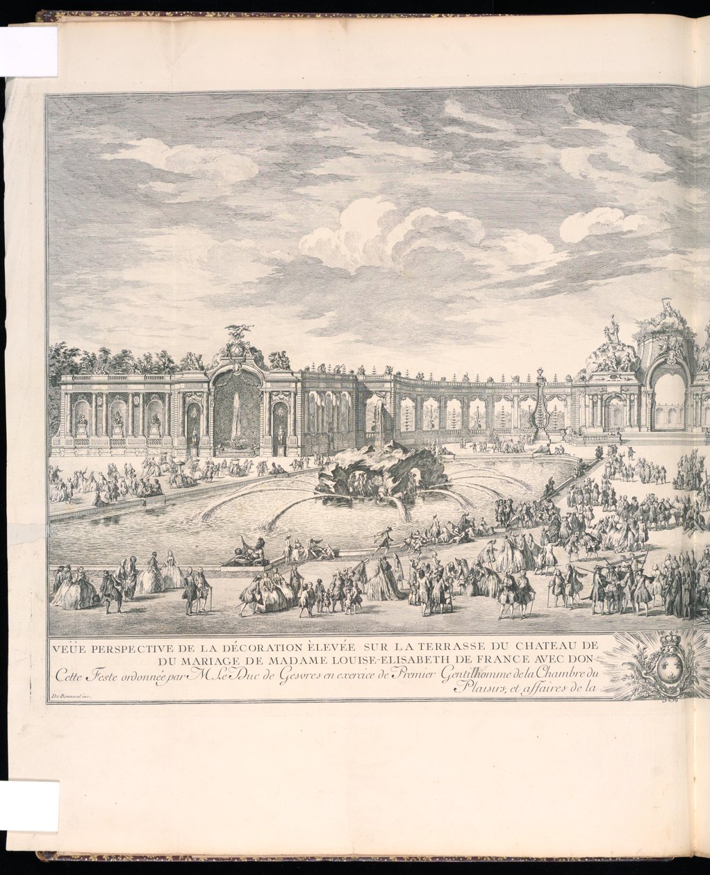 Gebundener Druck, Perspektivische Ansicht der Dekoration auf der Terrasse des Schlosses von Versailles für die Beleuchtung und das Feuerwerk, das anlässlich der Hochzeit von Madame Louise-Elisabeth von Frankreich mit Don Philippe Second Infant von Spanien  von Charles Nicolas Cochin the younger