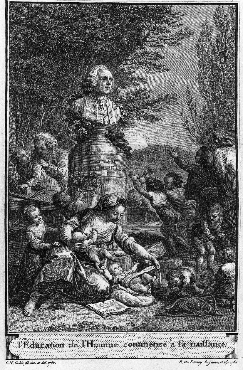 Die menschliche Erziehung beginnt bei der Geburt. Frontispiz (1782) von Jean Jacques Rousseau, graviert von Robert Delaunay dem Jüngeren (1749-1814) nach einer Zeichnung (1780) von Charles Nicolas Cochin dem Jüngeren (1715-1790) mit der Büste des Schriftst von Charles Nicolas II (after) Cochin