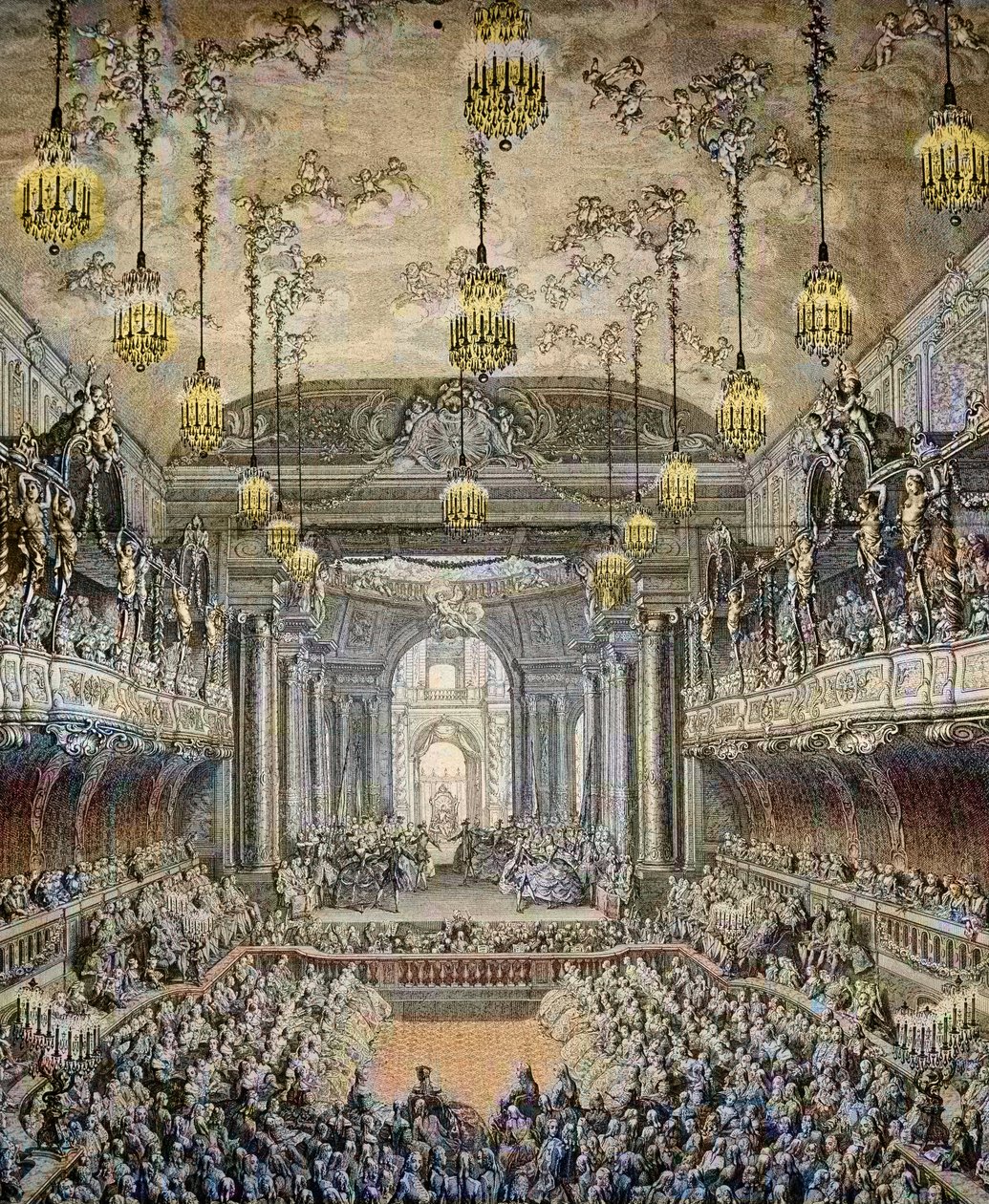 Darstellung der Ballettkomödie „La Princesse de Navarre“ in Versailles, anlässlich der Hochzeit von Louis Dauphin von Frankreich mit Marie Therese von Spanien (1726-1746) in Versailles am 23. Februar von Charles Nicolas II Cochin