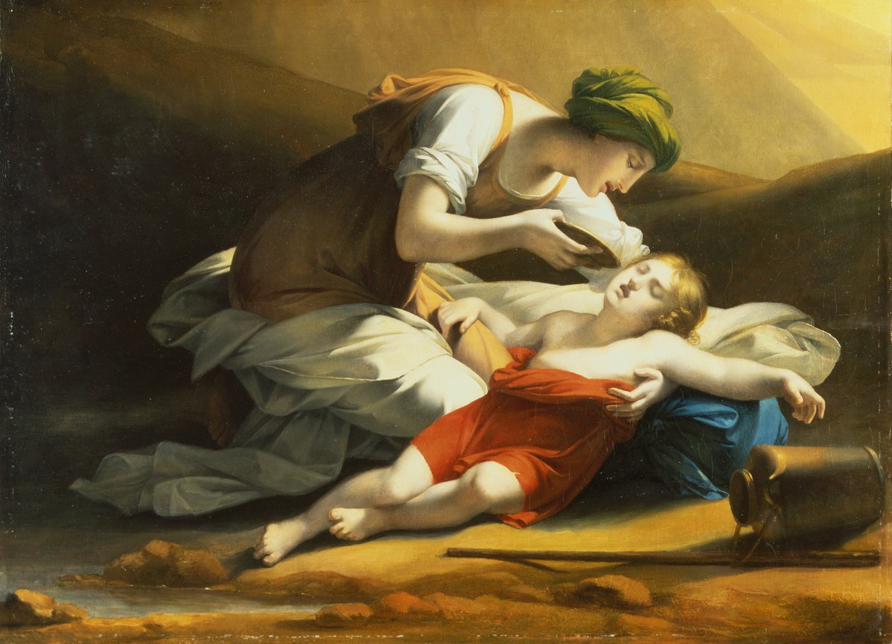 Hagar gibt Ismael Wasser aus dem wundersamen Brunnen in der Wüste von Charles Paul Landon