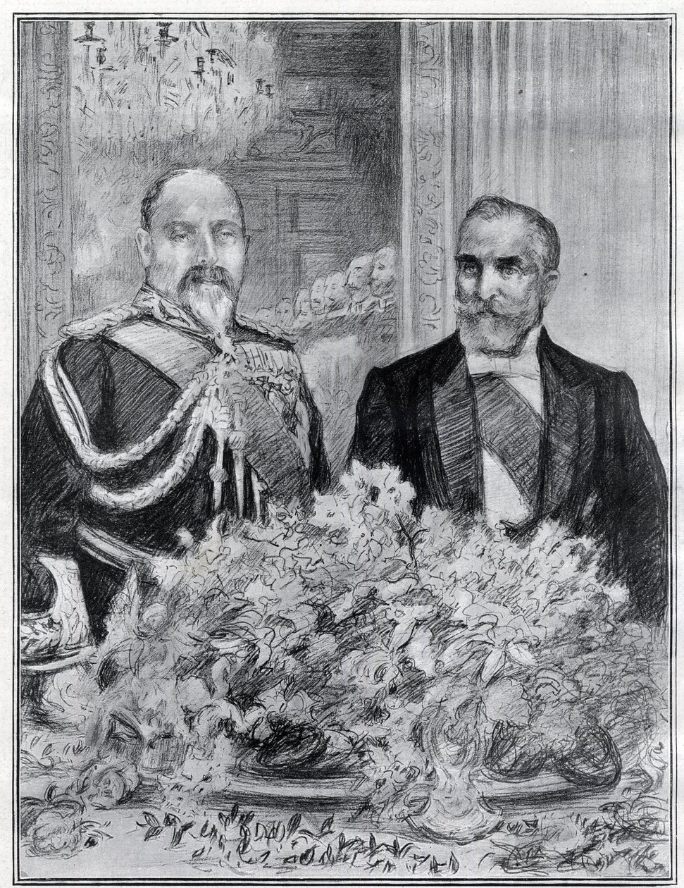 Herzlich: Der Besuch des französischen Präsidenten Emile Loubet in London - das Bankett in der französischen Botschaft - König Edward VII. und Loubet - gezeichnet von Paul Renouard für die Zeitung The Graphic. Juli 1903. von Charles Paul Renouard