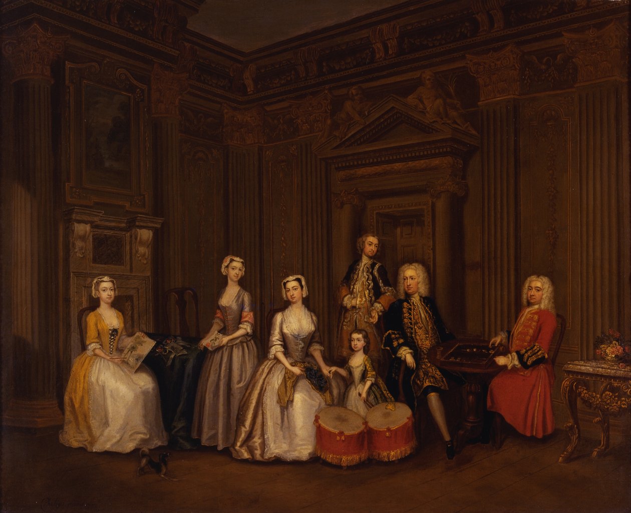 Porträt von Algernon Seymour, Lord Hertford (später 7. Herzog von Somerset) mit Colonel Tomkins Wardour, Colonel Browne, Lord Beauchamp, Frances, Lady Hertford, Lady Elizabeth Seymour und Miss Herbert von Charles Philips