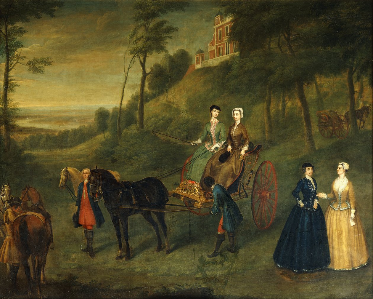 Damen und Ehrendamen im Greenwich Park: Eine Gruppenporträt von Juliana, Herzogin von Leeds, Lady Charlotte Hamilton, Lady Isabella Tufton und Henrietta, Gräfin von Pomfret, alle in Reitkleidung, mit Stallbursche und Pferden vor dem Observatorium, 173 von Charles Phillips