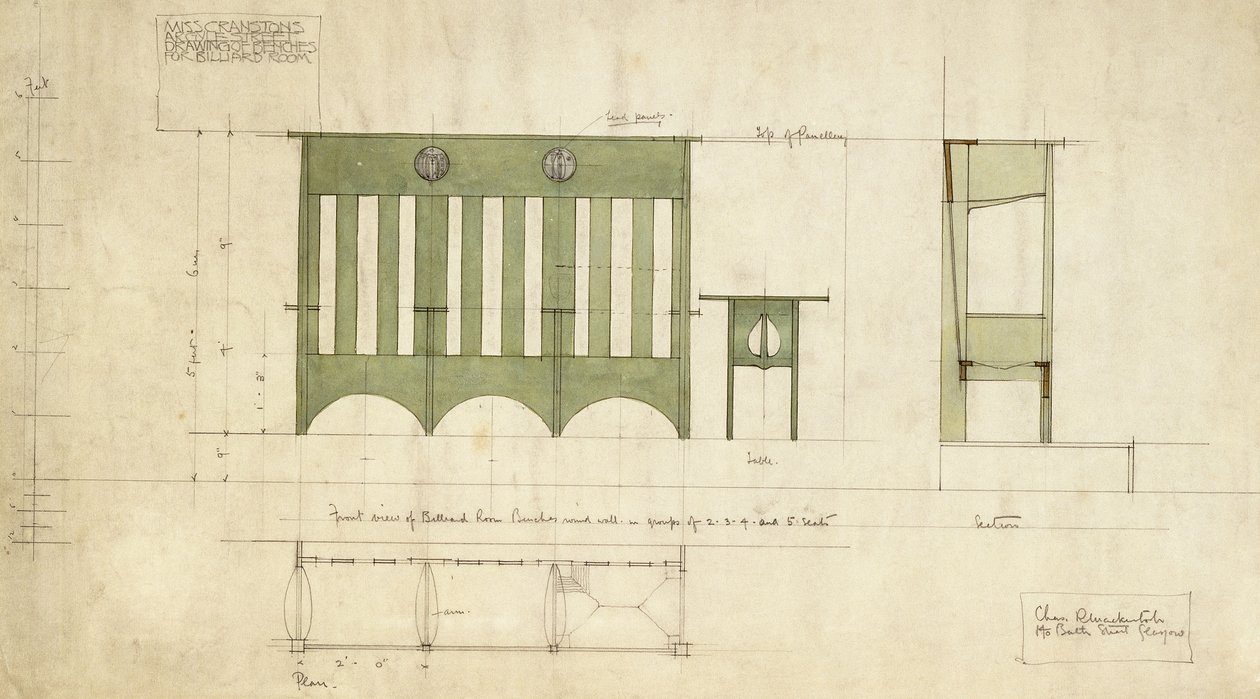 Entwurf für Bänke und einen Tisch, in Aufriss und Schnittplan dargestellt von Charles Rennie Mackintosh