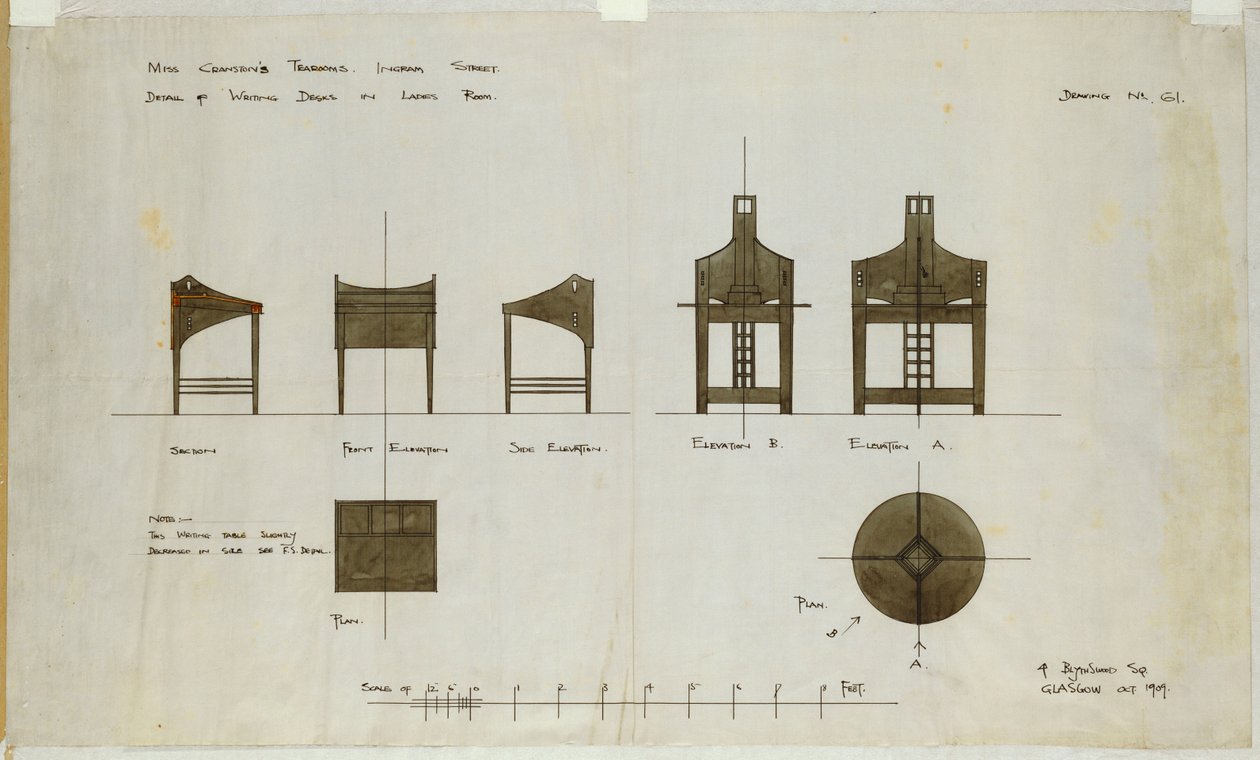 Entwürfe für Schreibtische in Vorder- und Seitenansicht, für die Ingram Street Tea Rooms, 1909 von Charles Rennie Mackintosh